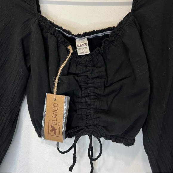 NEW Blanco Off the shoulder Ruched Pheasant Elastic Black Cropped Long sleeve - Picture 2 of 4